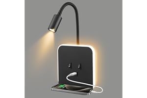 QCXWCJWD LED Wall Lights with USB Charging Port, Bedside Reading Light with Switch, 12W Indoor Black Wall Lamp with Phone Tray, Adjustable Gooseneck Lamp Spot Light for Living Room Hotel Room