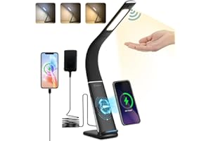 rigors Lampa biurkowa LED z czujnikiem gestu, lampa stołowa, 3 kolory, bezprzewodowa stacja ładująca telefon komórkowy, oświetlenie biurowe, bezstopniowe ściemnianie, lampa biurowa, lampka do