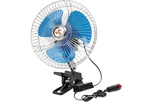 HpLive Auto Ventilator mit Basisklemme, 12V/24V Autolüfter Kühlung mit 2 Geschwindigkeiten, Drehbarer Autoventilator mit Metallwindabdeckung, für LKWs, Boote, SUVs, Wohnmobil(8 Zoll, 12 V)