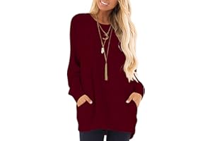 AUSELILY Tops de Manga Larga para Mujer Camisetas Casuales con Cuello Redondo Blusas Bonita Sudadera con Bolsillos