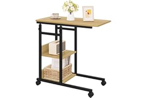 ‎WOLTU WOLTU stolik pomocniczy, stolik do salonu, stolik pod laptopa, w kształcie litery C, z kółkami, wykonany z metalu, materiał drewnopochodny, jasny dąb + czarny