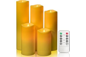 ‎YIWER YIWER Wasserdicht LED flammenlose Kerzen,Outdoor Indoor batteriebetriebene flackernde Kerzen mit Remote-Timer,Elfenbein Kunststoff Satz von 5 D2,2xH4"5"7"8"9"für Party-Dekoration