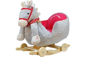 Bakaji Cheval à bascule en bois structure basculante avec roues Cavallino Poni 2 en 1 avec Fauteuil et sonnerie amusante pour les plus petits (Gris)