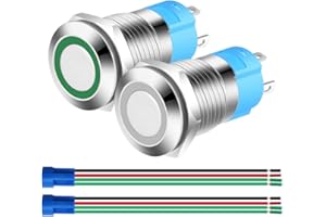 Gebildet 2pcs 12mm Pulsante Momentaneo in Acciaio Inossidabile,12V-24V LED 3A Normalmente Aperto SPST ON Off Pulsante Impermeabile con Spina a Filo(Bianco+Verde)
