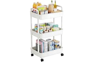 Multibao 3 Tier Storage Trolley Cart on Wheels with Handle Kitchen Bathroom Laundry Narrow Space Rack Space-Saving Mobile Shelving Organizer L35cm x W24cm x H68cm (White)