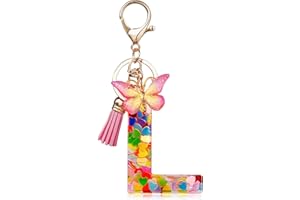OSDUE Porte-clés avec Initiales pour Filles et Femmes, Porte-clés Lettre en Résine, avec pendentif papillon et pampille, pour Femmes Filles Portefeuilles Sac à Main Charme