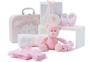 BABY BOX SHOP New Baby Party Gift Basket in Pink - with Fleece, Hooded Towel, Baby Clothes, 2 Mull Cloths and Cute Teddy Bear - Baptism Gifts for Girl Or Boy