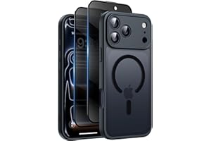 HEISSITOT Helssitot Coque Magnétique pour iPhone 17 Pro Max avec 2 Verre Trempé Anti-Espion, Compatible avec MagSafe, Étui Mat Translucide Arrière Housse Antichoc Anti-Rayures pour iPhone 17 Pro Max, Noir