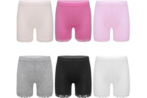 FEESHOW Children Girls 6 Packs Solid Color Dance Shorts Breathable Lace Trim Gymnastic Yoga Bike Shorts Safety Underwear