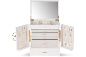 Vlando Joyero grande francés de 6 niveles, organizador de joyas grande XXL con espejo, cajones, almacenamiento de joyas para mujer, joyero para pendientes, cadenas, relojes