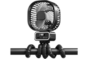 WRISCHAN Ventilatore Portatile per Passeggino con 10000mAh, USB Ricaricabile Ventilatore da Tavolo con 3 Velocità, 270° Rotazione Ventilatore Silenzioso con Supporto Staccabile e LED per Passeggino, Culle,Nero