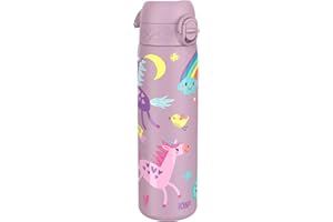 Ion8 Water Bottle, 500ml/18oz, Slim Leak Proof & BPA-Free Drinking Bottle, Secure Lock Prevents Spills, Dishwasher Safe, Carry Handle, Ideal for Adults & Kids - Travel, Gym & School, Unicorns