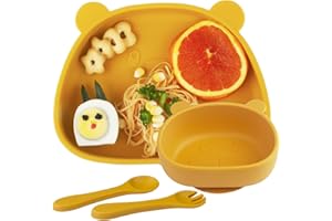 QSHARE Assiette Bébé Set avec Ventouse Cuillères à Fourchette pour Bébé,Antiderapant Bol à Ventouse, Lot de 4 Silicone Vaisselle Enfant,Set de Repas 100% sans BPA ,Passe Lave Vaisselle et Micro Onde,Jaune