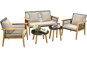 COSTWAY Muebles Jardin Exterior de Ratán 5 Piezas, 1 Sofá de 2 Plazas y 1 Sillon, 2 Mesas de Café de Vidrio Templado, Marco de Madera de Acacia, Cojines Acogedores, Mesa y Sillas Terraza Balcon