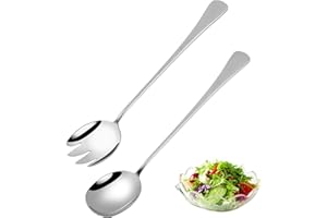 worahroe Juego de cubiertos para ensalada de 28 cm, acero inoxidable, 2 cucharas grandes, tenedor de ensalada, cuchara de acero inoxidable con asas largas, utensilios de cocina para la familia,