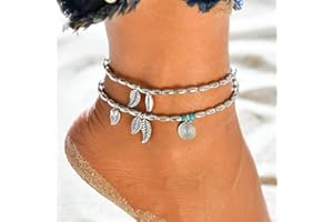 Bohend Boho Tobillera Pulsera Plata Hojas Borlas Redondo Colgante Ajustable Multicapa Tobillo Pulseras Playa Turquesa Cadenas de pies Joyería Accesorios Para Mujeres Y Chicas
