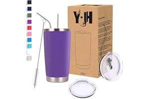 YJH Y·JH 20oz (550ml) Taza Termo Cafe Para Llevar - Vaso Con Pajita - Taza Térmica de Acero Inoxidable Reusable - 2 Tapas a Prueba de Salpicaduras Pajitas - Morado