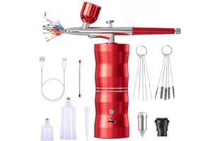 XIEANDKONG Mini Aerógrafo Set con compresor de Aire, Kit de aerógrafo inalámbrico portátil y Kit de aerógrafo de Mano Recargable con Boquilla de 0,3 mm para Maquillaje, decoración de Pasteles (Rojo)
