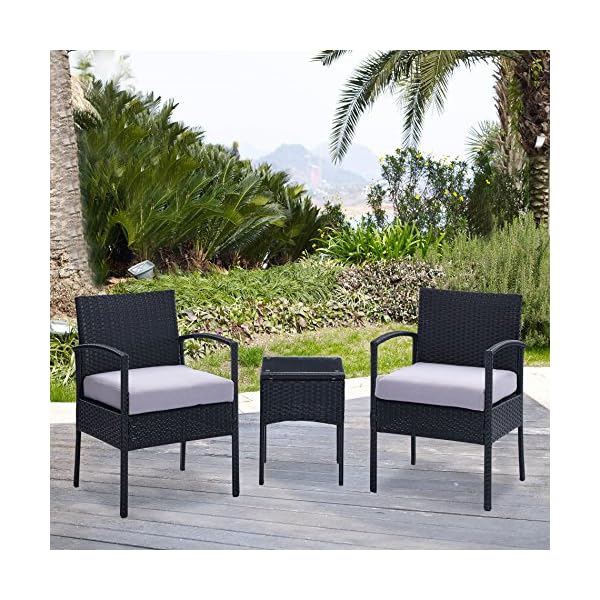 EBS 3 Piece Rattan Wicker Patio Garden Lawn Furniture Outdoor / Indoor Complete Set with Coffee Table + Chairs Set for 2 - Black PE - Image 4
