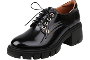 XIEWANG Black Work Shoes for Women Lace up Round Toe Ladies Platform Chunky Oxford Shoes