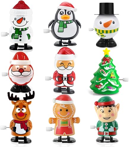 LATERN 14 Pezzi Giocattoli a Carica Natalizi, 5CM x 7CM Giocattoli a Orologeria Natalizi Babbo Natale Pupazzo di Neve Pinguini Giocattolo che Salta Cammina per Natale Calza Festa Sacchetto Riempimento