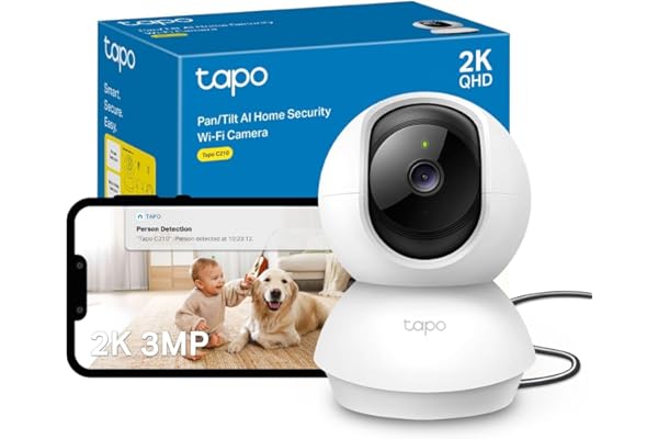 Tapo C210 Caméra WiFi Intérieure 2K 3MP, Rotation 360°, Détection de Personne&Pleurs de Bébé, Vision Nocturne, Audio Bidirectionnel, Stockage CloudµSD 512 Go, Alexa et Google Assistant