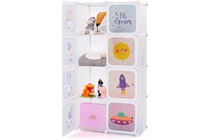 COSTWAY Armadio Portatile per Bambini, Organizzatore Modulari per Bambini a 8 cubi con Ante e Sezione Appendiabiti, Guardaroba Portatile per Sala Giochi Camera da Letto Asilo, 71x35,5x142 cm (Bianco)