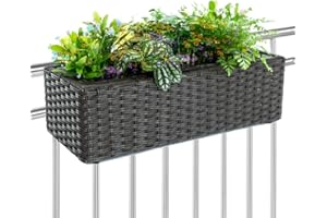 BAKAJI Fioriera Effetto Rattan con Ganci e Anelli per Balcone, Vaso per Fiori da Balcone e Tavolo per Esterni ed Interni, Supporto 1 Scomparto Resistente ai Raggi UV 54 x 22 x 17 cm