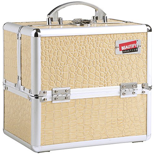 Beautify Professional Small Beige Faux Croc Print Aluminium Beauty Cosmetics & Make Up Case