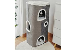 Spindro Maison pour chat à 4 niveaux d'intérieur, grande niche pour adultes, seau avec tapis à gratter, jolie maison avec coussin doux pour animaux