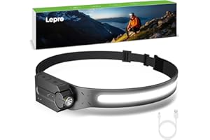 Lepro Latarka czołowa, super jasna lampa czołowa LED, ładowalna z szeroką wiązką światła 230°, regulowany reflektor, czujnik ruchu, 5 trybów, wodoodporna, lekka latarka czołowa do biegania na kempingu