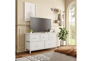 ‎CAIYUN CAIYUN Chest of Drawers with 5 Drawers, Narrow Fabric Cabinet for Bedroom, Living Room, Children's Room, Chest of Drawers with Metal Frame, Space Saving, Easy to Assemble, White