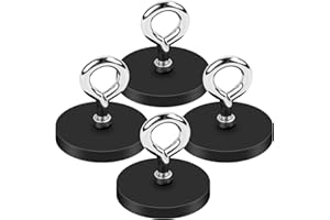 KFDDRN Neodymium Magnets Strong, 4 Pieces Round Magnet with M6 Suspension Ring, 43mm Screwable Rare Earth Magnet with Hole Rubberised Magnets External Thread for Workshop, Cruise
