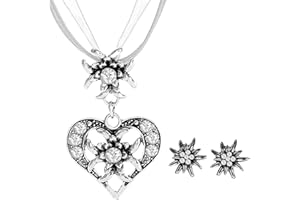 APMGONT 3 Stück Bayerisch Dirndlschmuck Set für Damen, Trachtenkette mit Strass Edelweiß Herz Anhänger Edelweiß Ohrstecker Trachtenschmuck Set für Oktoberfest Bierfest Dirndl