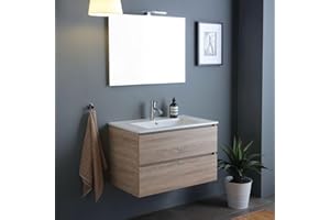 Kiamami Valentina - Mobile bagno sospeso 90 cm cassetti quercia naturale, lavabo, specchio | Berlin