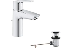 GROHE QUICKFIX Start - Bathroom Basin Mixer Tap with Pop-Up Waste Set (Metal Lever, Water Saving Technology, Easy to Install, Includes 3-in-1 Tool, Tails 3/8 Inch), Size 165 mm, Chrome, 24209002