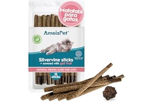 AmeizPet Hierba Gatera para Gatos, Catnip Natural Cepillo Dientes Gato, Palitos De Matatabi para Gatos Cubierto De Fruto De La Hiel - Juguete Hierba Gatera 12 Pcs