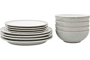 Denby - Elements Light Grey Dinner Set For 4 - 12 Piece Ceramic Tableware Set - Dishwasher Microwave Safe Crockery Set - 4 x Dinner Plates, 4 x Medium Plates, 4 x Cereal Bowls