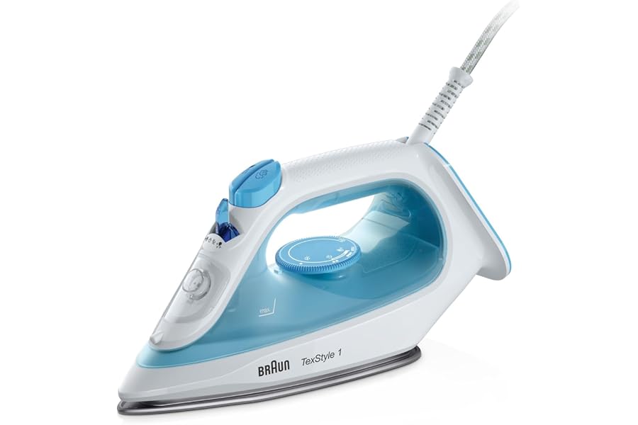 Braun TexStyle 1 SI1029BL, Non-Stick Iron, 120 g/min Steam Blow, Decal System & Spray Function, Fast Heating (35s), Suitable for Water Tap, EcoMode, Tank 220 ml, 1900W, Blue