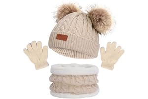 NLAND 3 in 1 Set de Bufanda Gorro Guantes Niña Niño Conjunto de Cálido Gorro de Punto Invierno con Pompon, Braga Cuello con Forro Polar y Guantes Termicos para Niña Niño 2-6 Años