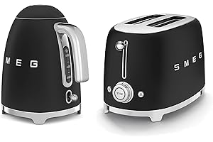 Smeg 50’s Style Retro Range Breakfast Set, 1.7L 3000W Kettle and Multi-Functional Control 2-Slice 950W Toaster, Matte Black, KLF03BLMUK/ TSF01BLMUK
