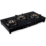 Sunflame Pearl Glass Top 3 Burner Gas Stove, Manual Ignition, Black