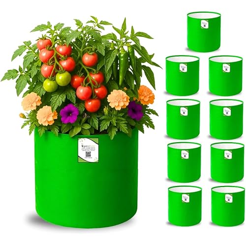 ORGANIC BAZAR 12x12 Grow Bags for Terrace Garden, Premium HDPE 260 GSM Green Planters for Vegetables, Flowers, and Indoor Outdoor Plants (Pack of 10)