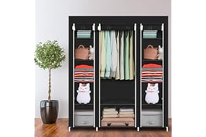 LEADZM Armadio pieghevole in tessuto, con chiusura lampo, scomparti per camera da letto, soggiorno (nero, 150 x 45 x 175 cm)