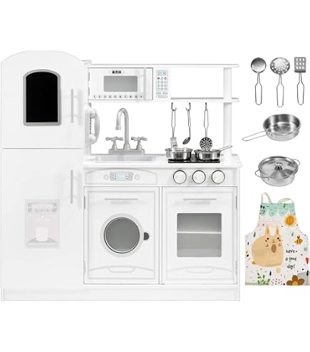 Cuisine Jouet Enfant KRUZZEL - Bois Blanc/Beige/Gris - Réfrigérateur Robinet Realiste - 3 Ans+