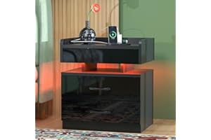 ‎PIPIPOXER PIPIPOXER Nachttisch mit Steckdose & USB, Nachtschrank Hochglanz Nachtkommode 2 Schubladen mit Led 16 Farben Beleuchtung Beistelltisch für Wohnzimmer, Schlafzimmer, 45x35x52cm,Schwarz