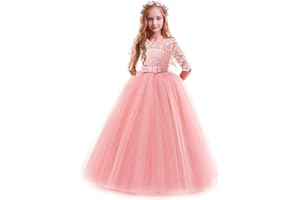 IWEMEK Enfants Fille Robe de Carnaval Princesse Longue en Dentelle avec Bowknot Demoiselle d'honneur Robe de Soirée Mariage Robe de Première Communion Anniversaire Fête Photographie 2-14 Ans