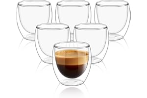 QUXV Tazzine Caffe Vetro, 6 Pezzi Tazza Doppio Vetro 80ml Set, Lavabili Trasparenti Bicchieri per Cappuccino Strato Latte tè Macchiato Whiskey Tè Caffè