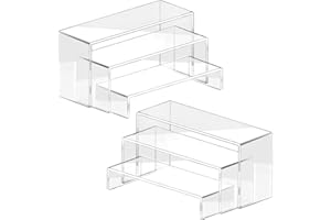 AZEAM 6 Pcs Acrylic Display Risers Stand Shelf Clear Dessert table Set 3 Steps Display Stands Showcase for Amiibo Funko Figures Cupcake/Perfume Cologne Lotion Collectible Makeup Jewelry (Transparent)