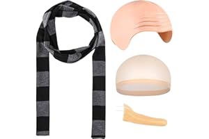 Bofeiya Set of 4Pcs Halloween Cartoon Cosplay Costume Accessories - Bald Cap,Black Grey Striped Scarf,Long Nose for Halloween Role Play Party Supplies